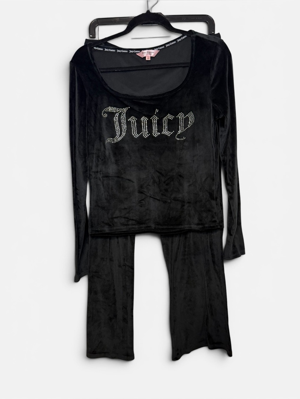 Juicy Couture Black Velour Set - Long Sleeve Scoop Neck Top and Wide Leg Pant
